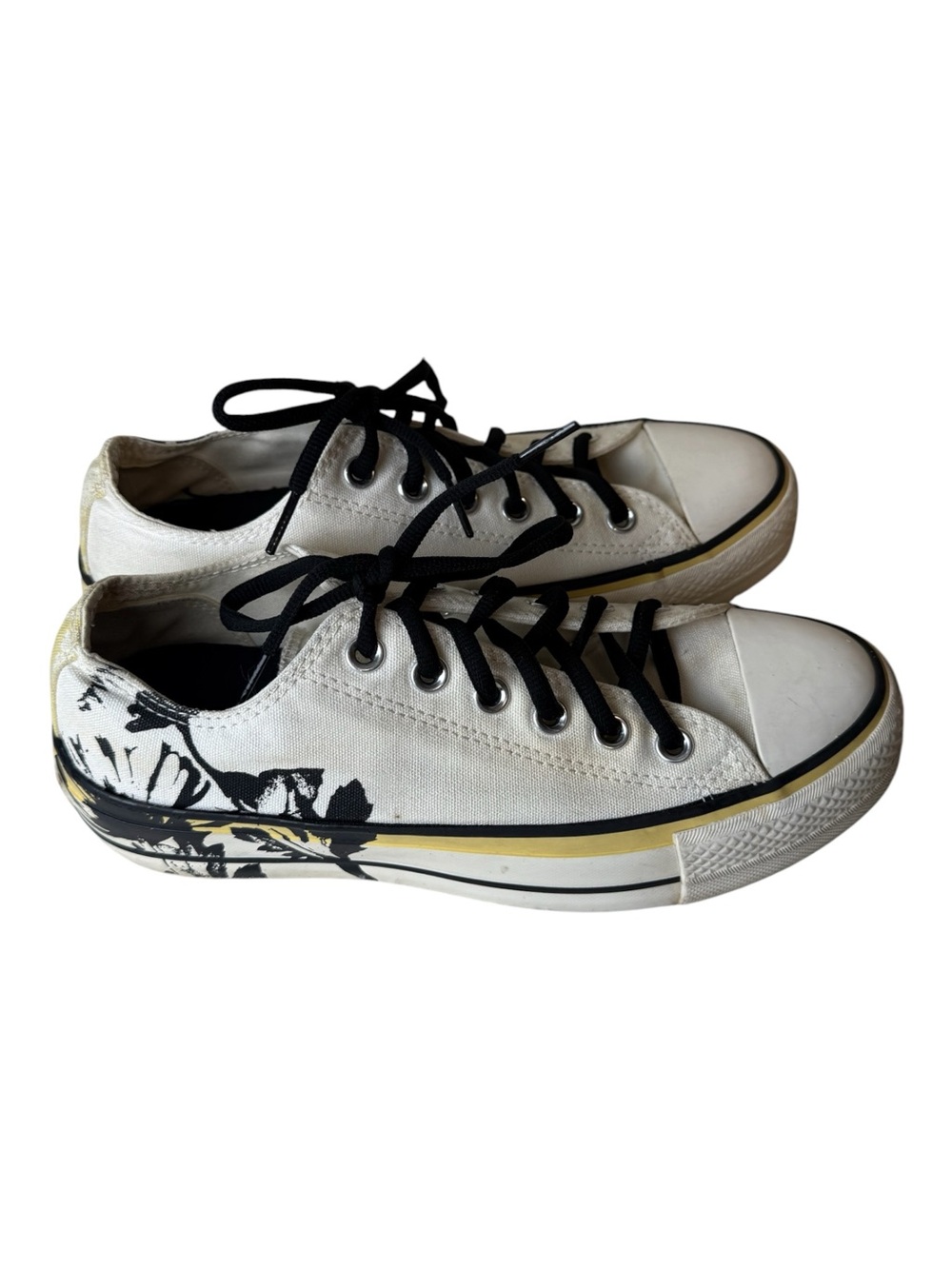 Low Top Converse with Black Floral Accent and Black Laces